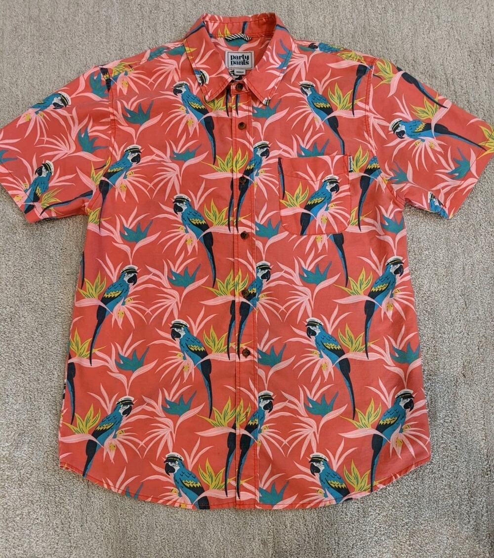 Party Pants "The Skippa" Mens Medium Red/Pink Parrot Hawaiian Shirt SS Cotton